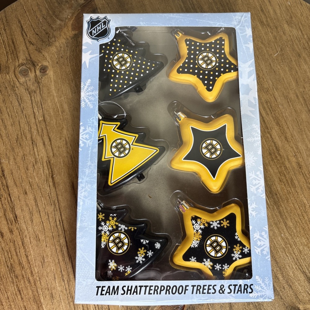 New Boston Bruins Six-Pack Shatterproof Tree And Star Ornament Set